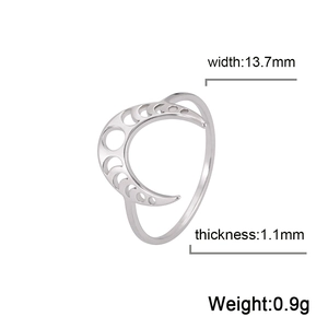 Minimalist moon phase cutout stainless steel ring with 13.7mm width in silver finish