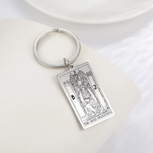 Porte-clés vintage en acier inoxydable avec le motif de la carte de tarot La Papesse