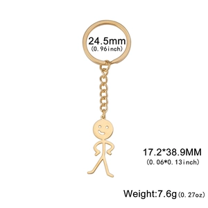 Dessin technique d'un porte-clés bonhomme doré avec dimensions précises et détails du poids