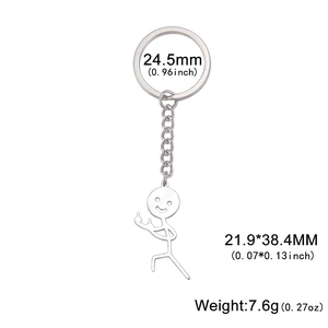 Stick figure pendant keychain with middle finger gesture in polished stainless steel