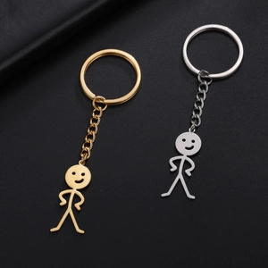 Porte-clés Stickman Gribouillis Drôle en Acier Inoxydable Pendentif Visage Souriant Creux pour Hommes Femmes Cadeau