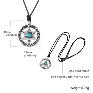 Collier vintage avec pendentif hexagramme, pierre turquoise et cordon de cire réglable