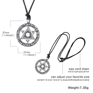Collier pendentif hexagramme vintage avec œil d'émeraude et runes sur cordon noir