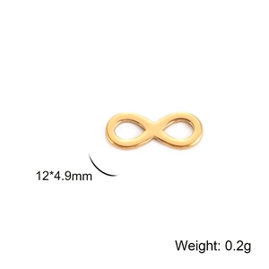 Detail view of 18K gold plated infinity pendant showing 12x4.9mm size and 0.2g weight