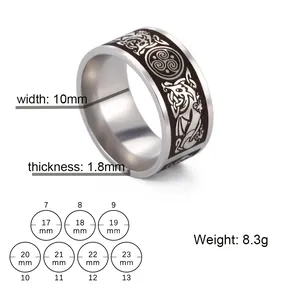 Men's retro stainless steel ring with dragon patterns and detailed size chart measurements