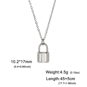 Polished stainless steel lock pendant necklace with adjustable chain on white background