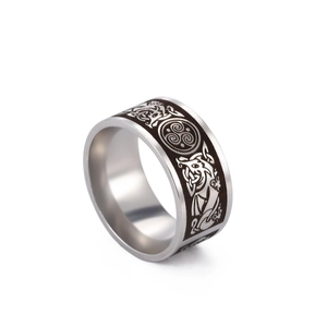 Vintage stainless steel ring with Celtic dragon patterns and black triskele engraving
