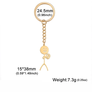 Detail view of gold stickman keychain with size specs 15x38mm and 24.5mm ring diameter