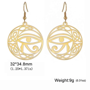 Detailed view showing dimensions of 18K gold plated Eye of Horus stainless steel earrings