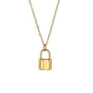 Minimalist gold-plated stainless steel padlock pendant necklace on delicate O-chain