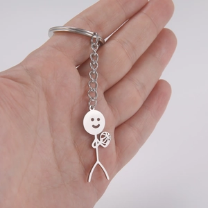Funny stickman volleyball player keychain in polished silver stainless steel