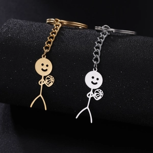 Stainless Steel Stickman Basketball Keychain Funny Hollow Smiley Face Sporty Metallic Pendant Key Ring Gift For Men Women