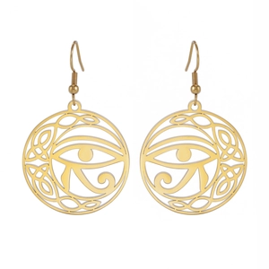 Gold-plated stainless steel Eye of Horus earrings with Celtic knot cut-out design