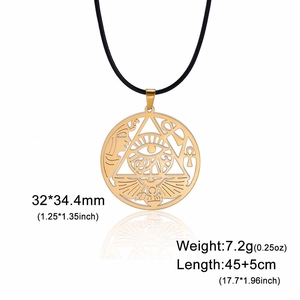 Detail of gold Horus Eye triangle pendant necklace with dimensions and size parameters