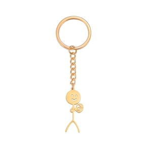 Polished gold stick figure keychain holding a basketball with minimalist hollow design