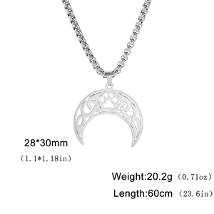 Stainless steel necklace with hollow crescent moon and cat paw pendant on white background