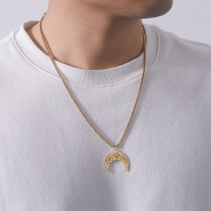 Golden titanium steel crescent moon necklace with hollow cat paw and celtic knot