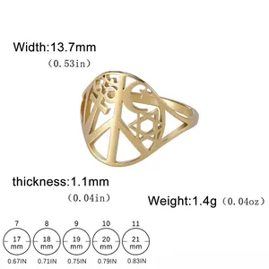 Size chart showing width, thickness, and dimensions for the star moon stainless steel ring