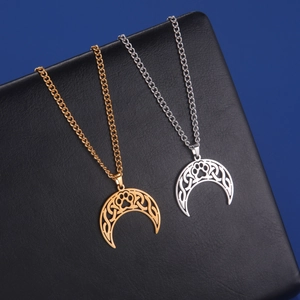 Stainless Steel Crescent Moon Paw Print Pendant Necklace Vintage Celtic Knot Cutout Jewelry For Men Women Daily Wear Accessory