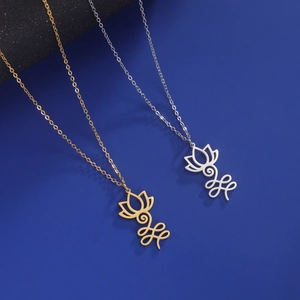 Polished 18k gold and silver stainless steel necklaces with hollow lotus flower pendants