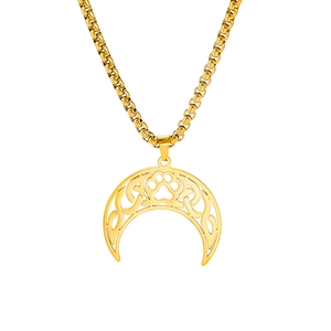 Minimalist gold stainless steel necklace with hollow crescent moon and cat paw pendant