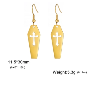 Macro view of gold coffin-shaped earrings featuring a hollow cross design and dimensions