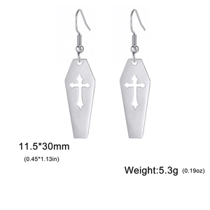 Silver stainless steel coffin earrings with hollow cross, 11.5x30mm gothic jewelry