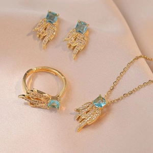 Blauwe Zirkoon Vlamvleugel Ketting Oorbellen Ring Roestvrij Staal Verguld Dames Mode Luxe Sieraden Accessoire