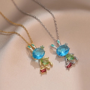 Collier Pendentif Lapin Créatif Acier Inoxydable Pierres Zircon Colorées Bijoux Animaux Accessoires Mode Femmes