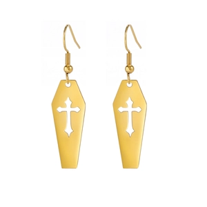 Gothic gold coffin earrings with cutout cross design in polished stainless steel