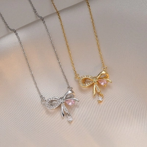 Bowknot Pendant Necklace Stainless Steel With Pink Pear Gemstone And Rhinestones Dainty Sweet Jewelry For Women