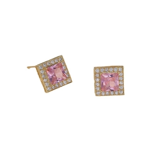 Elegante vergoldete Ohrringe mit rosa Zirkonia-Quadrat und mikrogepflastertem Kristallhalo