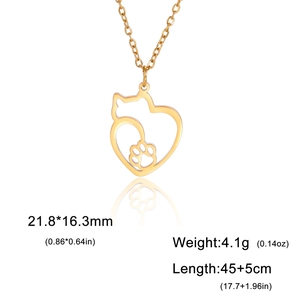Detail showing dimensions of gold cat heart pendant with hollow paw print detail