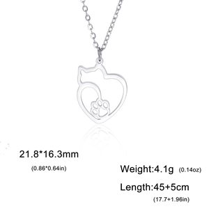 Hollow cat and heart pendant necklace in stainless steel with cat paw detail