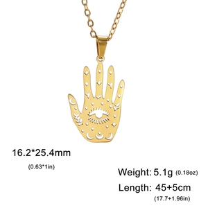 Detailed view of Hamsa Hand pendant with hollow moon star patterns and size dimensions