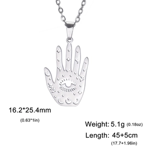 Silver stainless steel Hamsa hand necklace with moon and star cutout charms for women