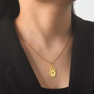 Bohemian gold stainless steel Hamsa Hand pendant necklace with moon and star cutouts