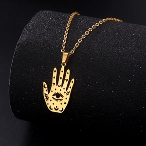 Stainless Steel Hamsa Hand Evil Eye Pendant Necklace For Women Boho Hollow Moon Star Religious Jewelry Lucky Protection Charm