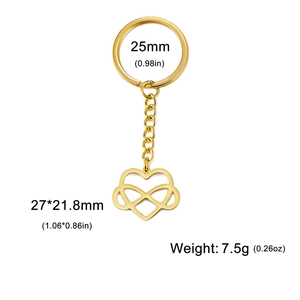 Detailed view of golden heart infinity keychain pendant with dimensions and weight specs
