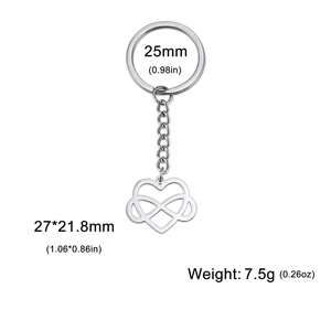 Polished stainless steel heart infinity pendant keychain with detailed dimensions