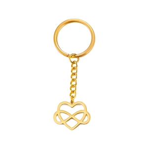 Gold infinity heart pendant keychain made of polished stainless steel on white background