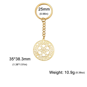 Detailed size specifications for the gold hollow round stainless steel keychain pendant