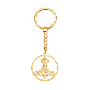 Golden titanium steel Mjolnir keychain with intricate Celtic knot hollow round pendant
