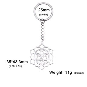 Sri Yantra stainless steel lotus pendant keychain with dimensions and weight specs