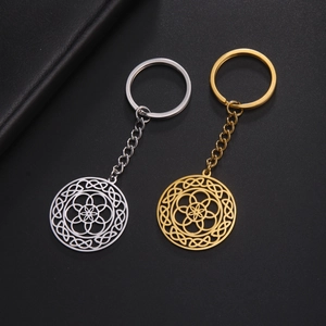 Detail view of镂空 round eternal flower pendant on stainless steel keychain in gold and silver