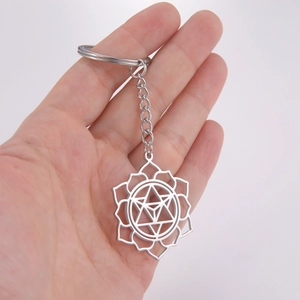 Handheld silver stainless steel lotus mandala pendant with hollow hexagram geometric design