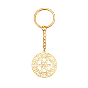 Golden stainless steel hollow flower keychain with circular geometric pendant and chain link