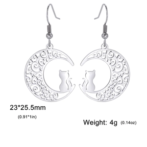 Hollow moon and cat silhouette earrings in polished stainless steel with size specs