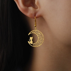 Chic gold titanium steel crescent moon and cat silhouette drop earrings for women