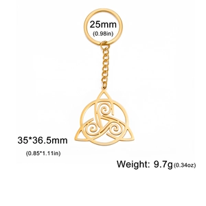 Detail showing dimensions of gold Celtic knot pendant keychain in polished stainless steel